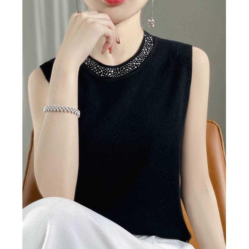 气质镶钻针织吊带女新款西装内搭圆领黑色背心无袖毛衣打底衫