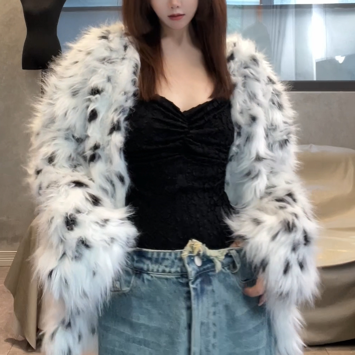 人造皮草 秋冬新款斑点环保毛大衣