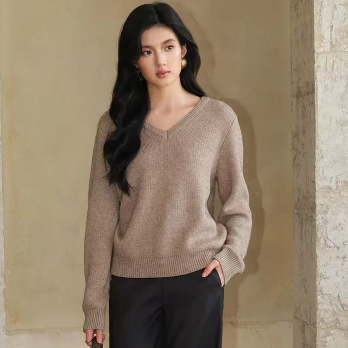 宽松慵懒v领套头毛衣女2025秋冬新款韩系气质长袖针织上衣7287