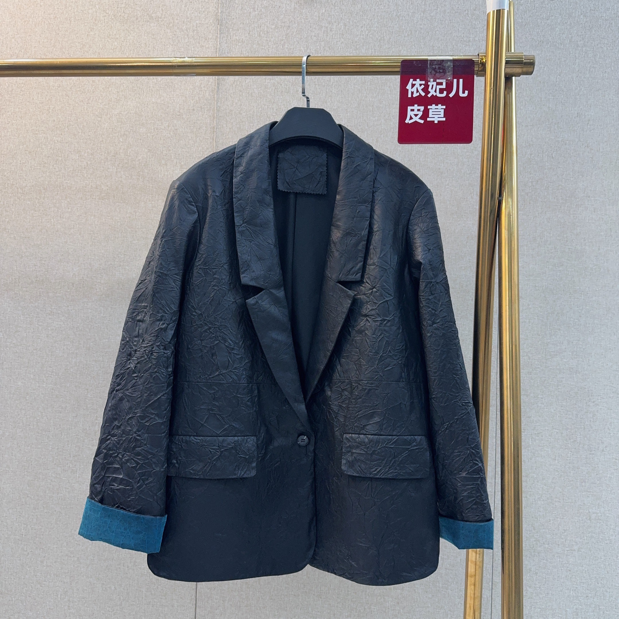 挽袖西服秋季新款真皮皮衣女绵羊皮复古西装外套女中长款宽松显瘦
