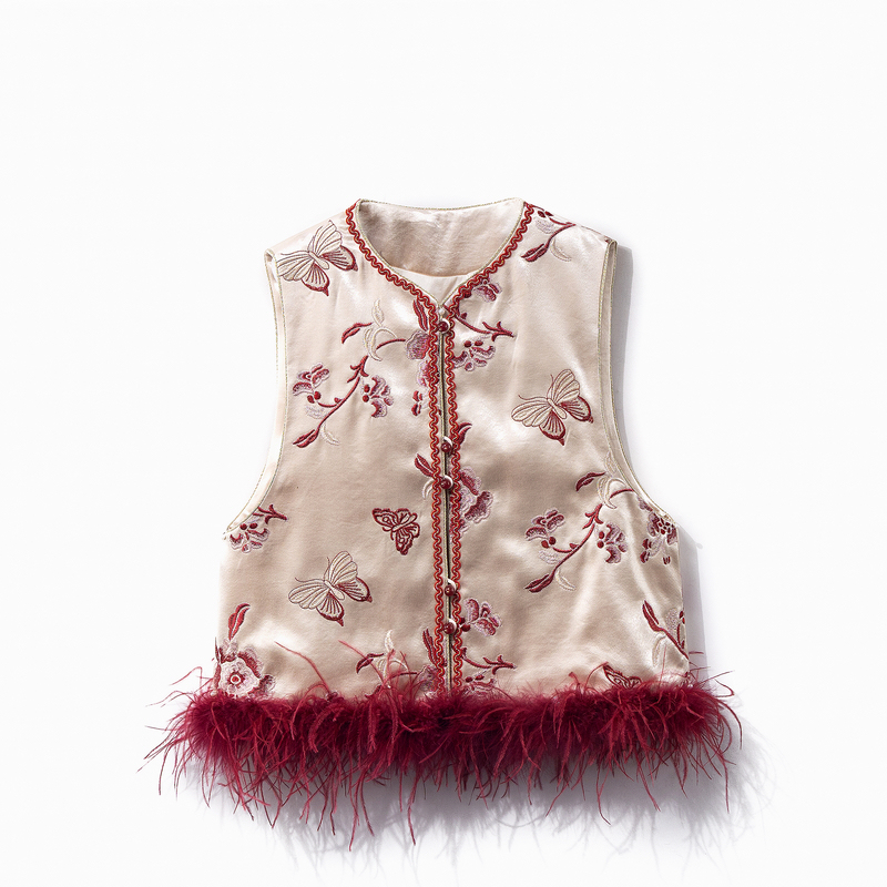 【舞蝶】冬季2025新款新中式马夹女式加棉加厚宽松国风鸵鸟毛毛马甲