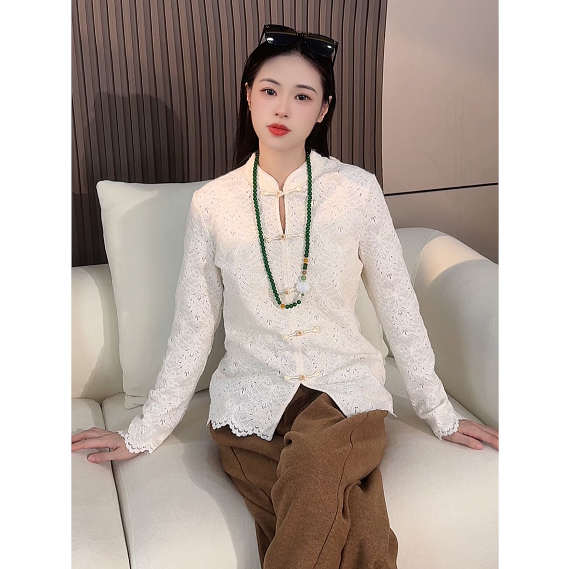 江南荷新中式修身型长袖立领衬衫蕾丝秋冬季打底小众上衣气质衬衫