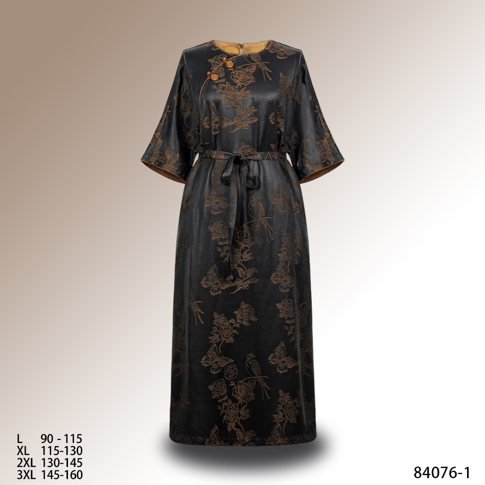 LL2025夏季新款五分袖金色雀蝶圆领腰封优雅女时尚连衣裙84076-1
