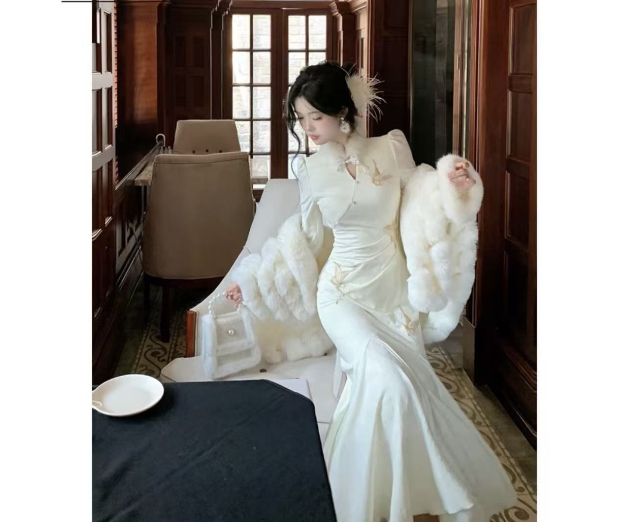 【白羽玲珑】 2025秋冬新款加绒新中式连衣裙气质国风鱼尾旗袍