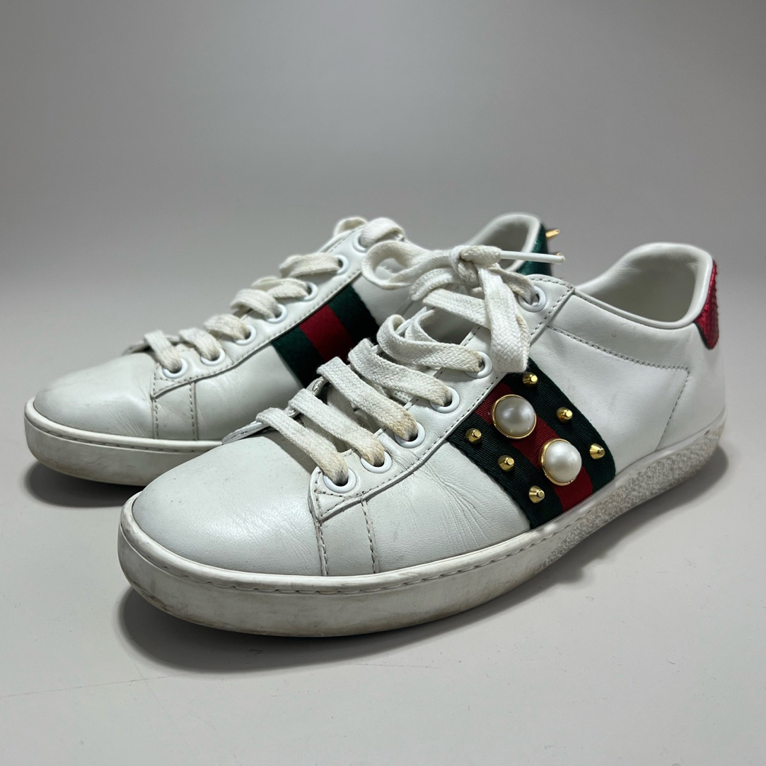 95新 GUCCI/古驰 GUCCI古驰ACE珍珠铆钉板鞋35码14916