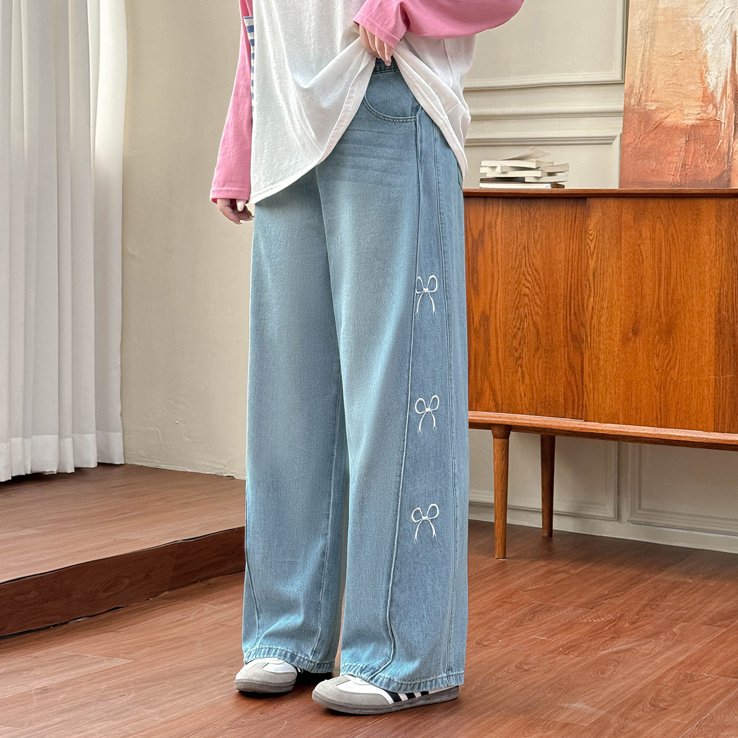 DC7968大码女装【 弯刀牛仔裤】三种裤长早秋新款蝴蝶结刺绣阔腿裤