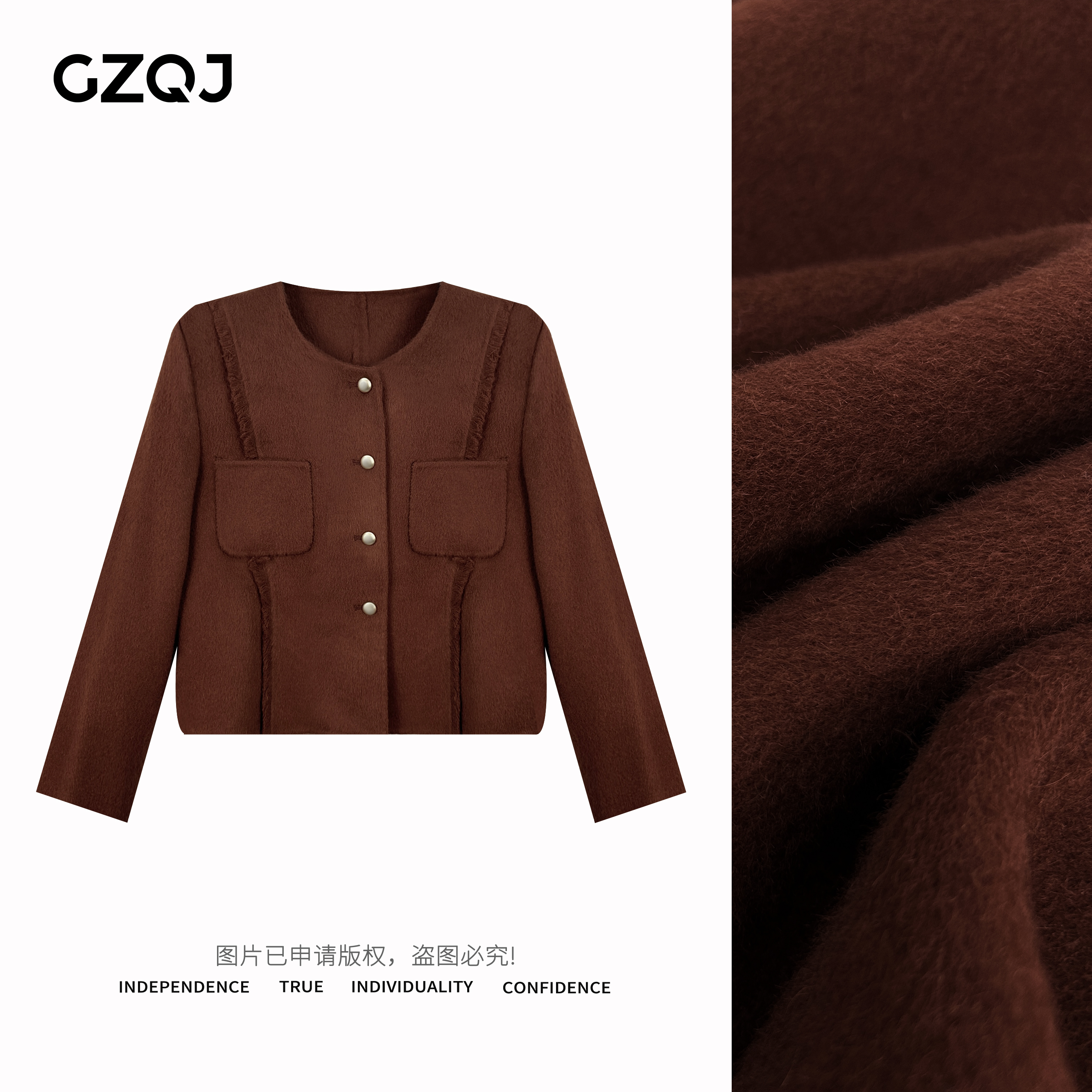 GZQJ【夜色米兰】复古简约时尚圆领气质短款毛呢短外套 35680