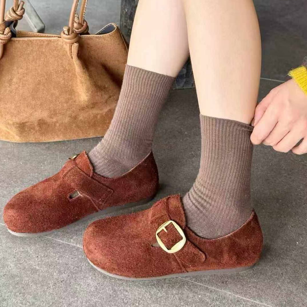 一字式扣带韩版保暖博肯鞋搭扣豆豆鞋复古单鞋情侣