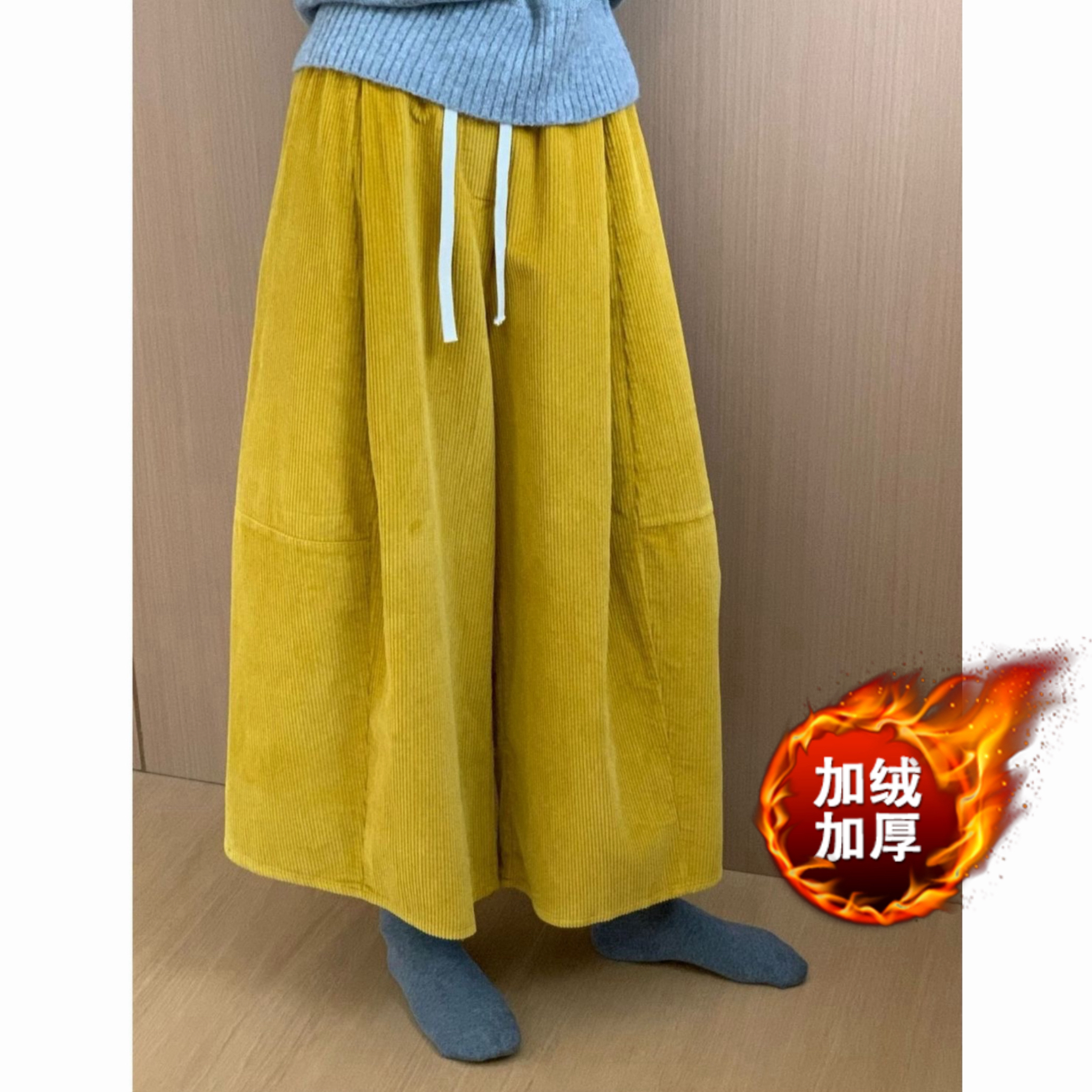 加厚加绒大阔腿设计感加厚花苞裤八分裤灯芯绒裤2025秋季韩版裤裙