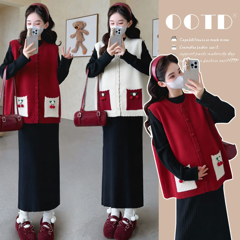 【圈圈优选】秋冬新款网红时尚小香风樱桃拼接马甲+打底裙套装