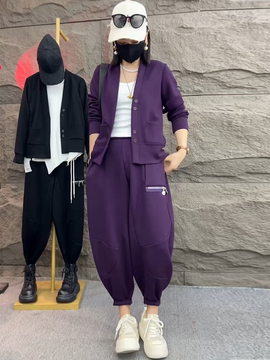 今年流行欧货休闲时尚女装2025秋季新款简约开衫外套束脚裤两件套