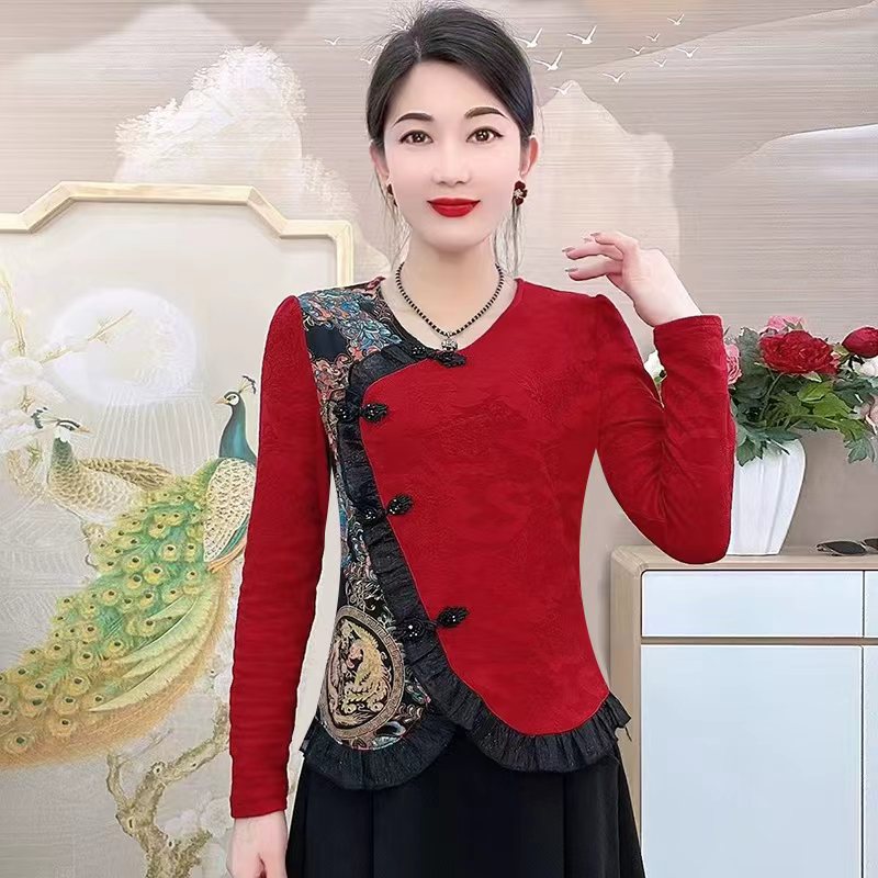 79168加绒款中式国风打底衫春秋新款时尚复古盘扣拼接保暖上衣
