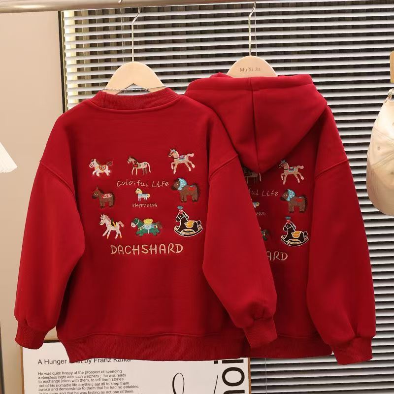 【新年万针刺绣款】儿童冬款拜年服刺绣加绒卫衣2026新款男女童红色