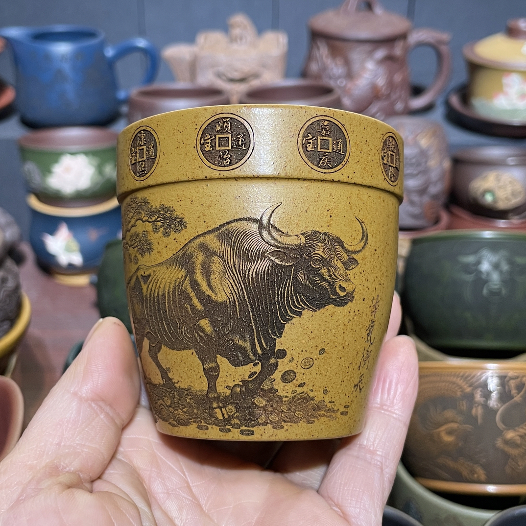 原矿紫砂龙骨金砂纯全手工刻绘牛高温柴烧主人杯160cc生肖杯品茗