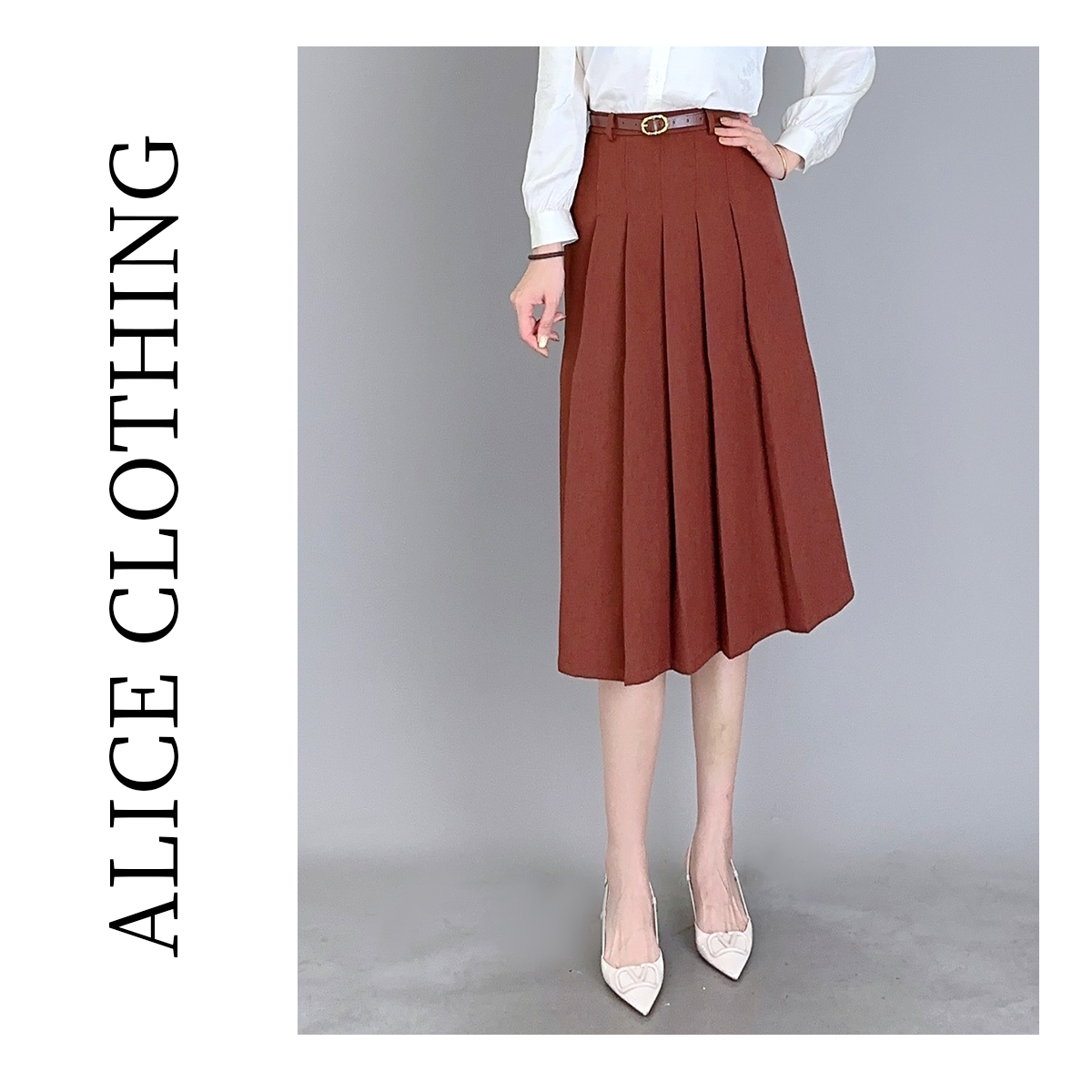 4[[[alicelulu]]]情迷百褶”通勤半裙知性时髦皮质腰带S621093T