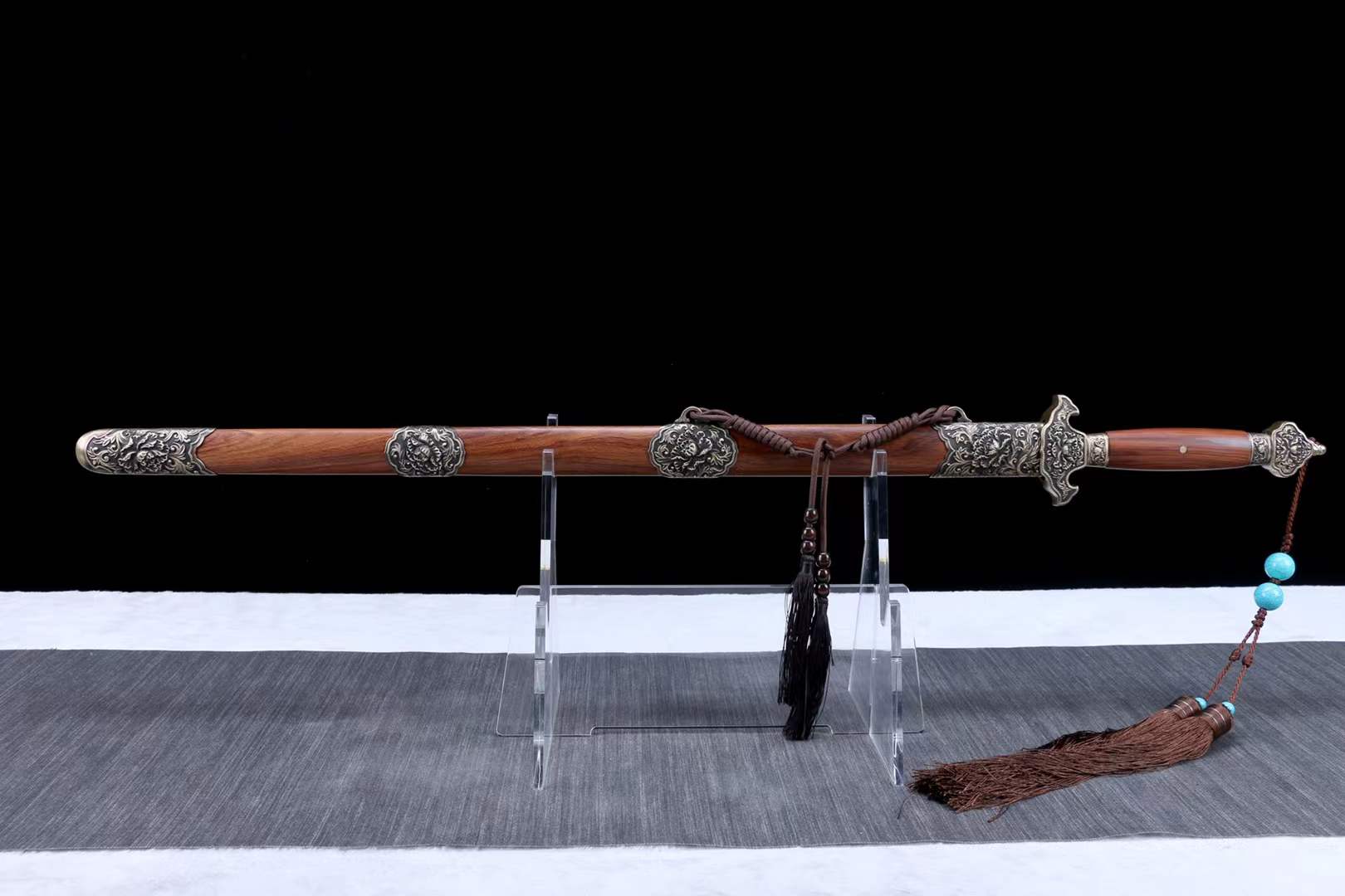 【【牡丹清剑】恒捷龙泉刀剑酸枝木百炼花纹钢瓦面纯铜牡丹剑未开刃