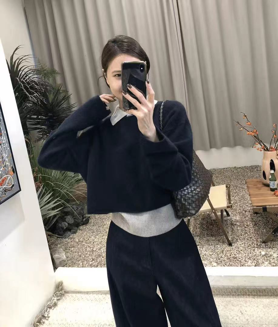 【送腰带】时尚三件套女POLO领长袖背心裤子套装毛衣直筒阔腿拖地裤