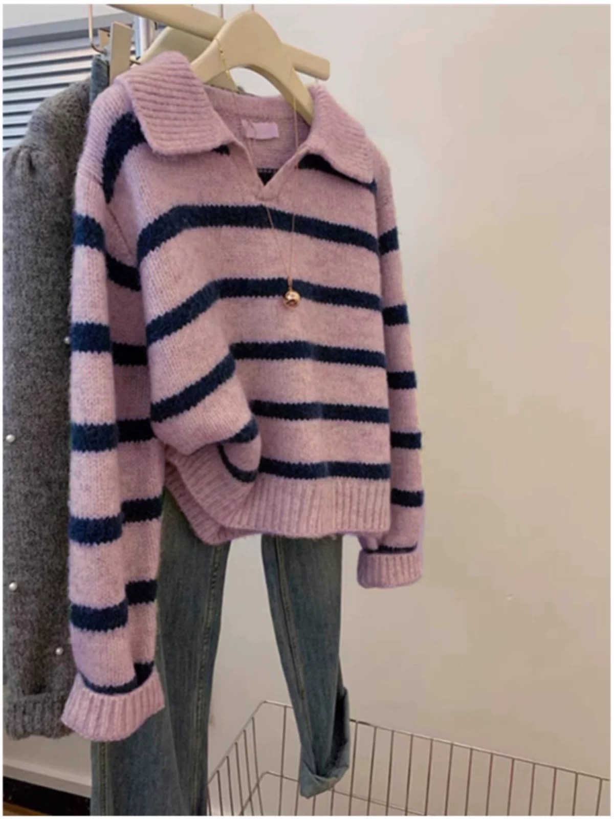 条纹毛衣韩版polo厚款常规百搭女保暖网红厚款套头长袖洋气针织