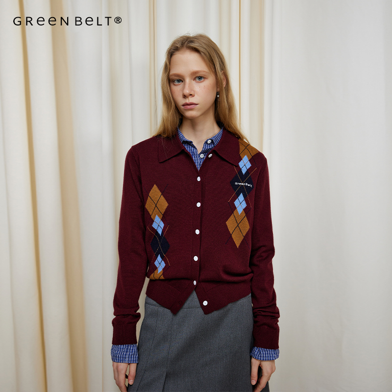 GREEN BELT菱格嵌花毛针织开衫女2024冬季新款复古撞色polo领上衣