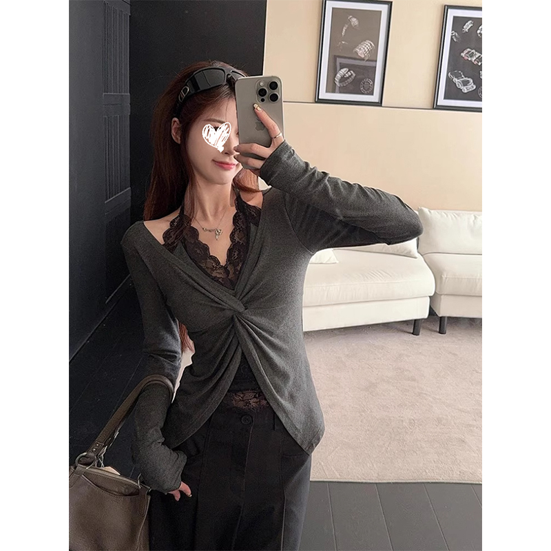 性感扭结长袖t恤女秋季法式蕾丝拼接内搭打底衫修身显瘦减龄上衣
