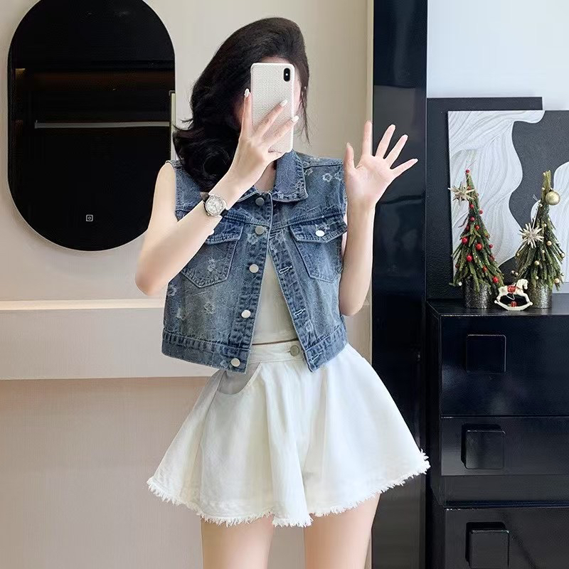 春夏新款坎肩牛仔马甲背心女设计感复古洋气提花百搭无袖夹克上衣