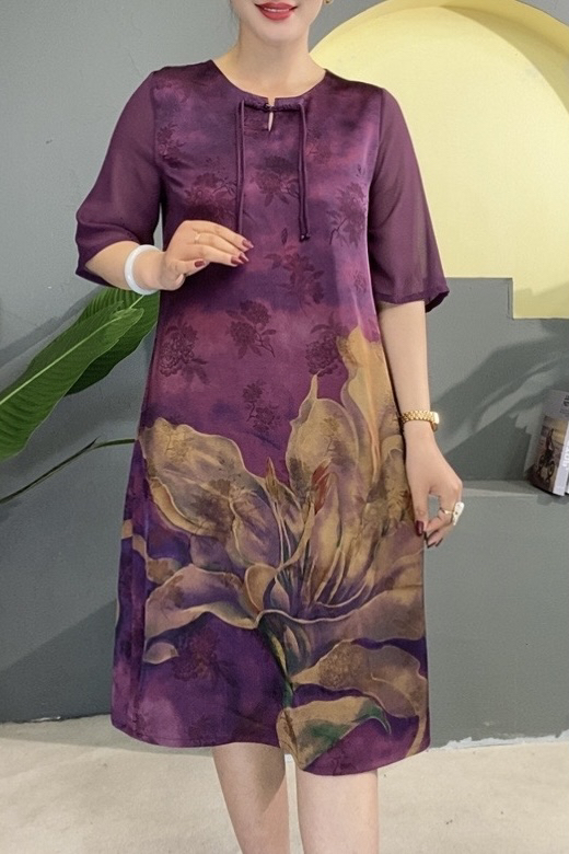 夏季新款百合花重磅提花国风复古圆领中长款连衣裙