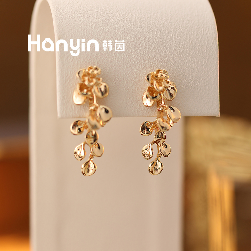 铜合金耳饰 925银针优雅百搭气质光面花朵流苏树叶耳钉