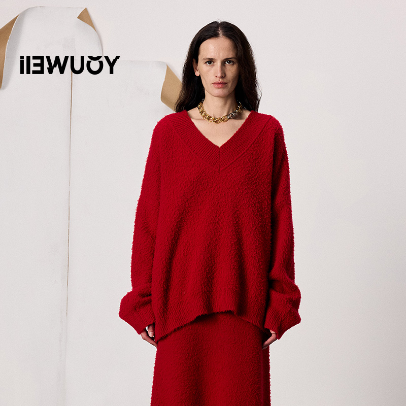 有尾YOUWEI2026春款新品糯感羊毛长袖秋冬时尚红色毛衣Y2126102