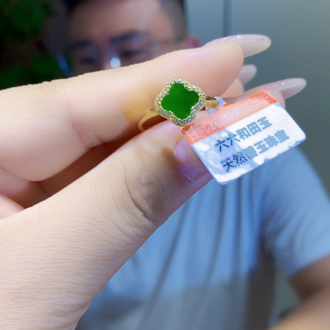 和田玉（碧玉）戒指银S925镀金镶嵌