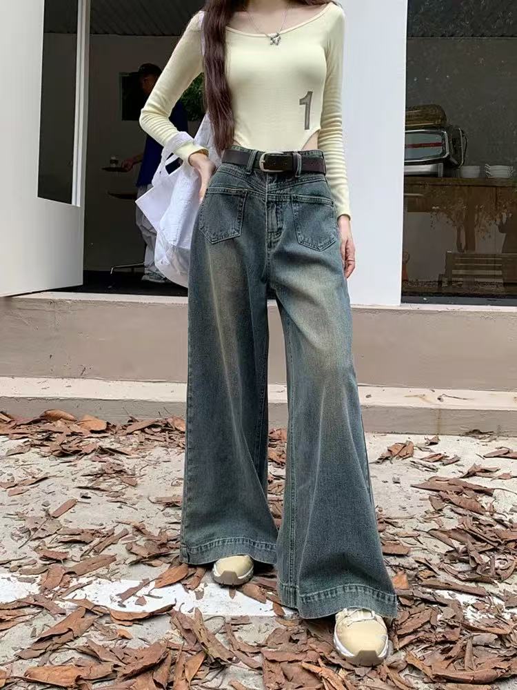 大码胖mm高腰极简风四季款慵懒风牛仔裤时尚水洗复古做旧显瘦阔腿