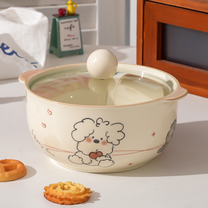 【带盖泡面碗】布丁狗陶瓷泡面碗带餐具学生宿舍耐高温防烫双耳