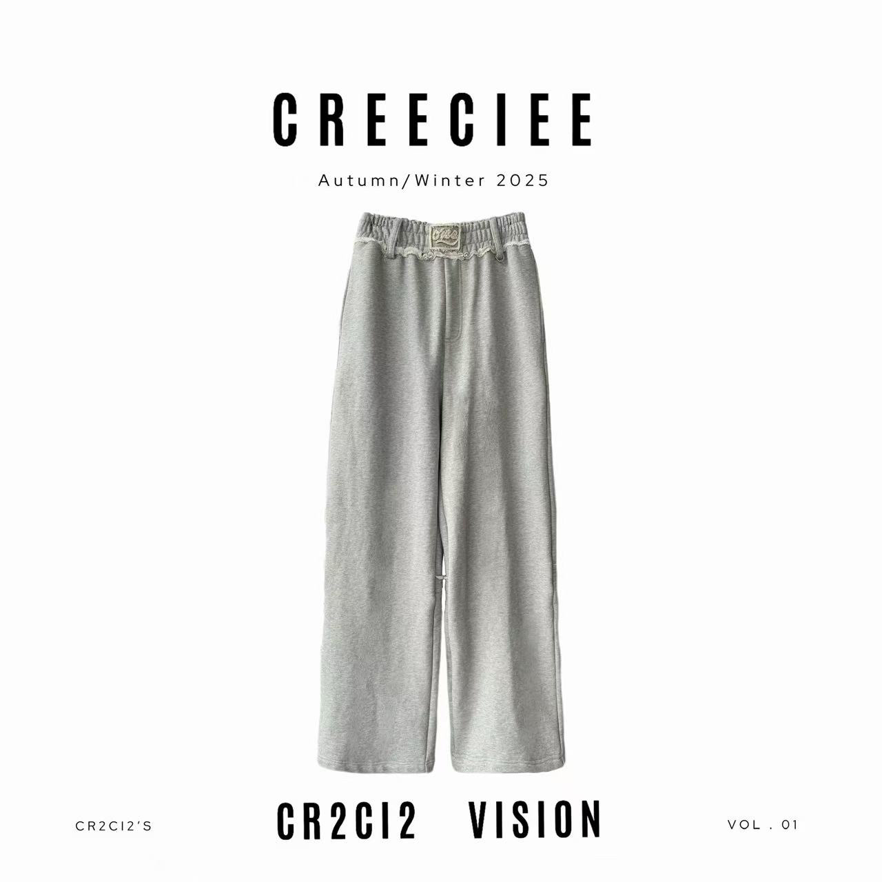 CREECIEE【毛边裤】｜毛圈花灰阔腿休闲卫裤ZS6108