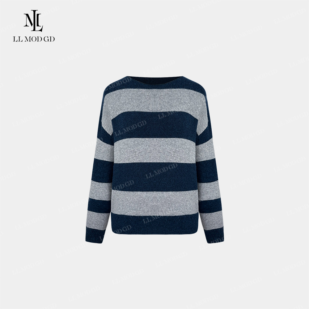 条纹缱绻 时尚条纹撞色显瘦百搭羊毛长袖针织衫YL-6200061（蓝条）