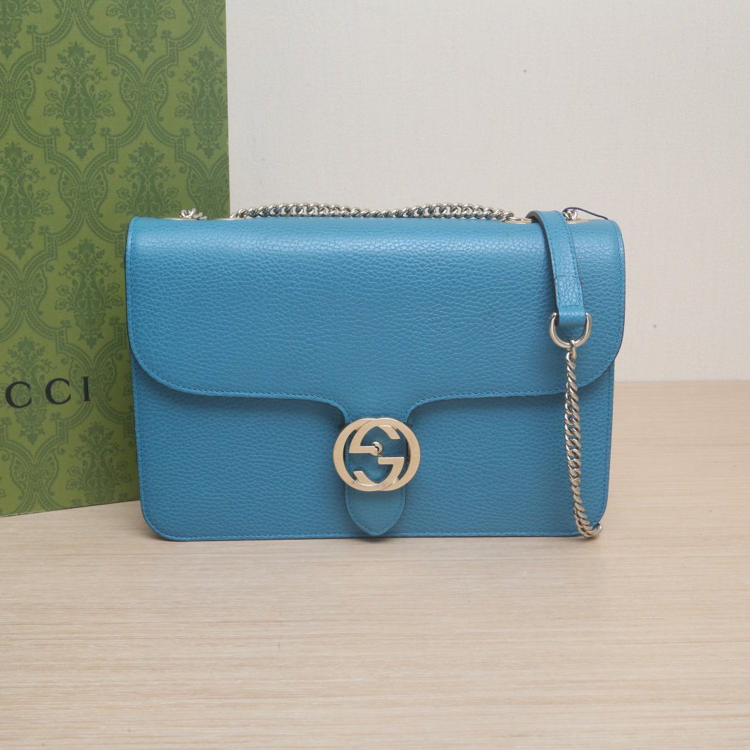 95新 GUCCI/古驰 风琴斜跨包 中号 28 蓝色 皮革 金扣 P205843396