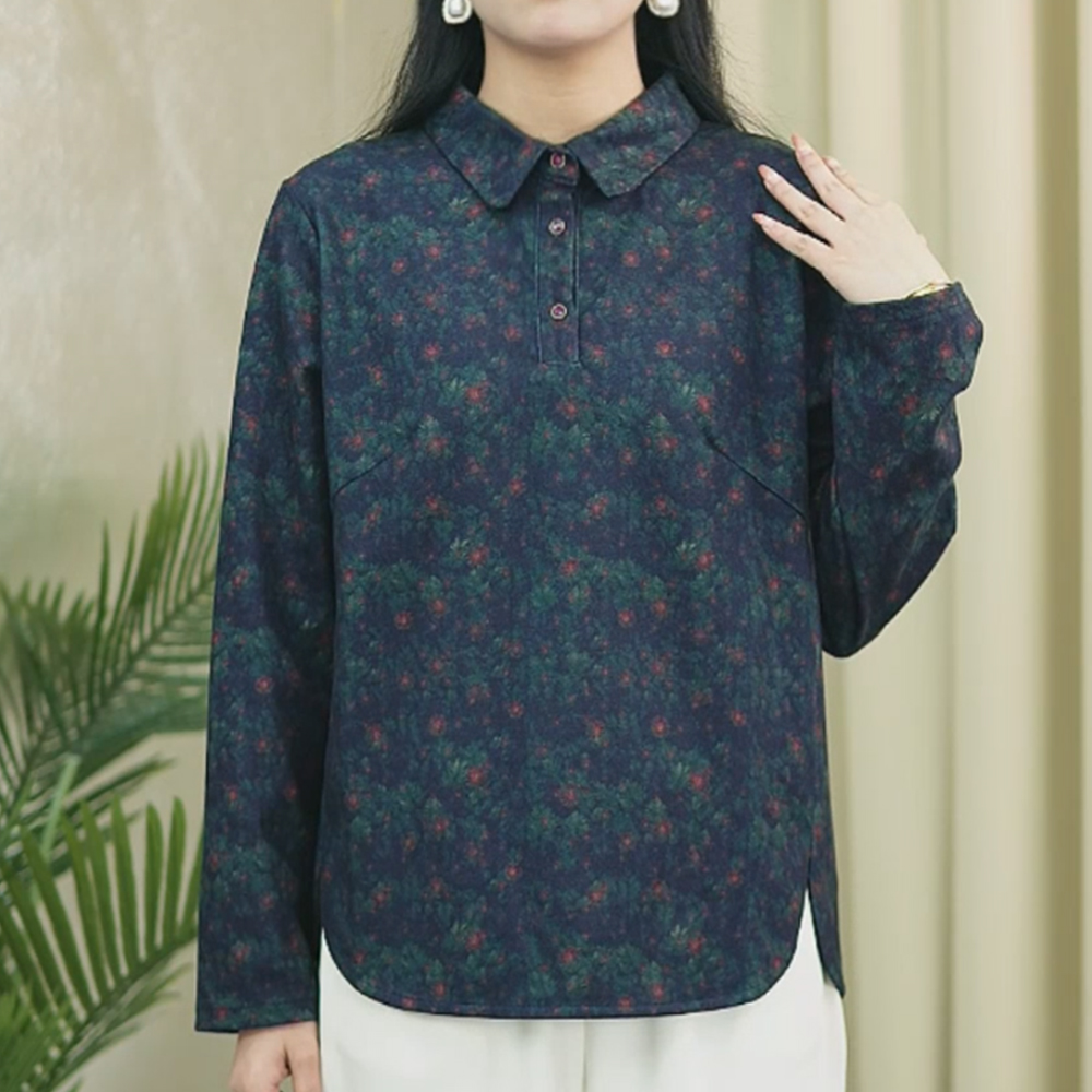 CT74秋冬新品大码显瘦遮肚百搭显气质复古保暖长袖印花加大妈妈装