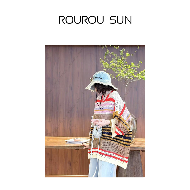 26261镂空彩色拼接短袖高级感条纹针织衫女