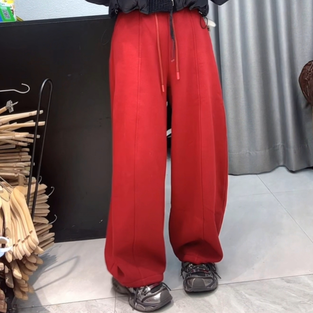 新款高腰加绒抽绳宽松弯刀显瘦百搭休闲女裤