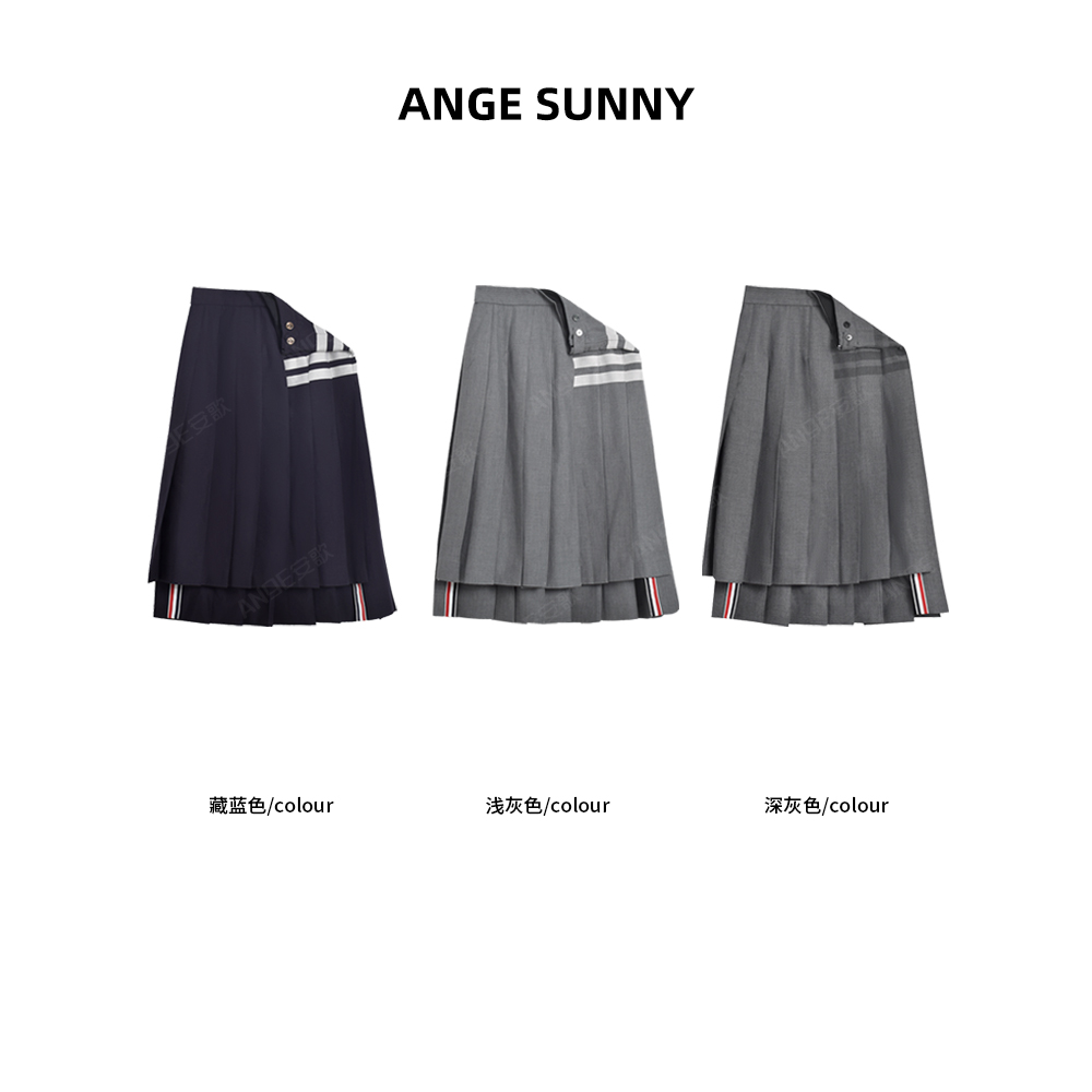 ANGE SUNNY【欧阳娜娜同款 百褶长半裙】经典四条杠羊毛半裙