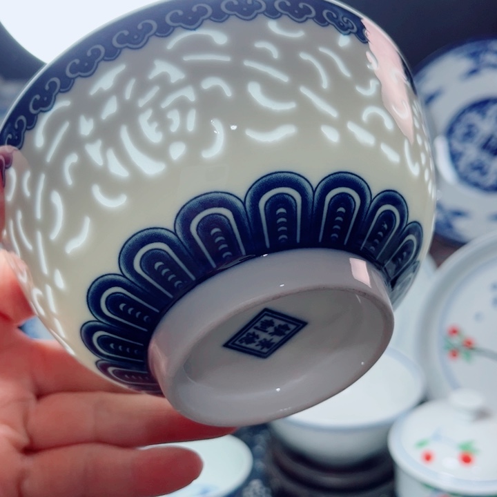 青花玲珑5寸饭碗满雕满福