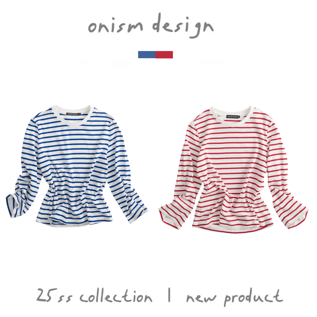 “自在水手”经典撞色条纹圆领短袖T恤合身七分袖短款T恤上衣