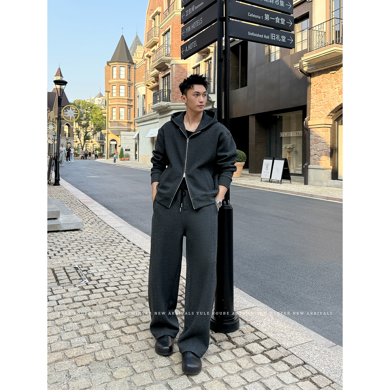 Koube「1000g重磅加绒」老钱风加厚保暖休闲套装男连帽开衫卫衣裤子