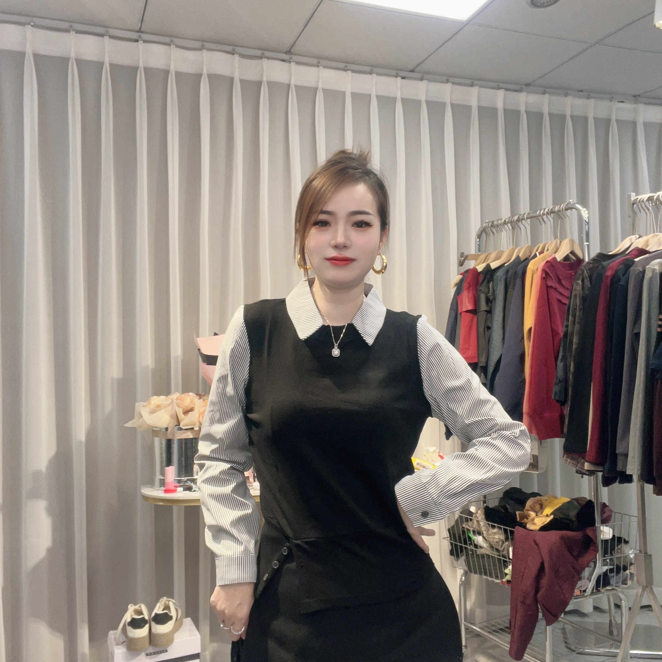 大美小美 （现货福利）秋款衬衫领假两件时尚百搭显瘦长袖女士上衣
