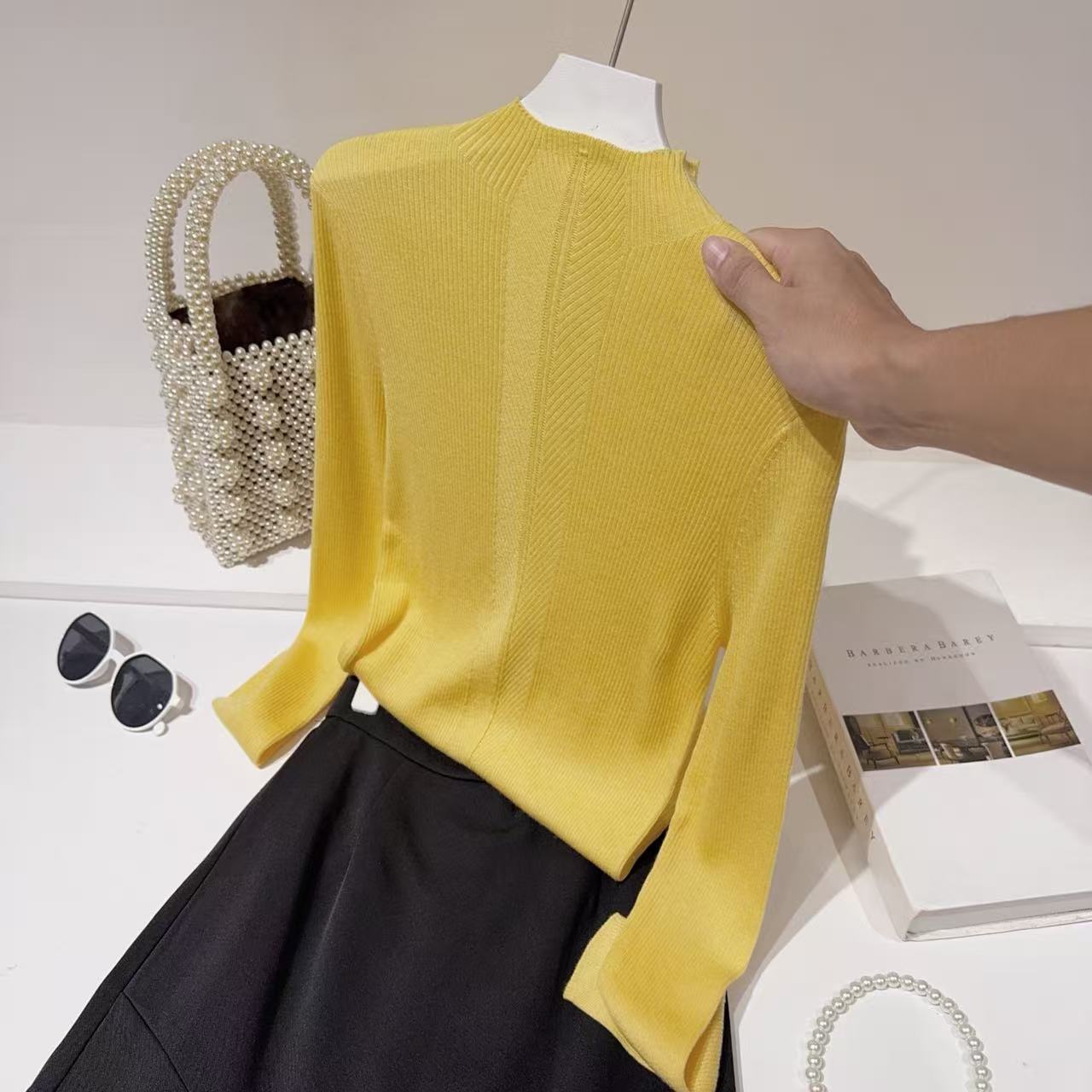 胸80-150长62纯色长袖亮色系套头内搭套头坑条针织上衣 2297