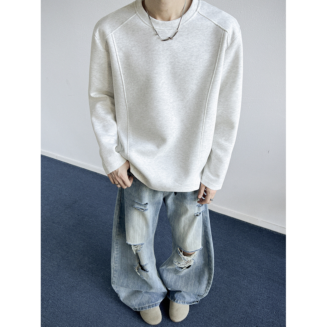 美式cleanfit卫衣男秋季正肩拼接解构长袖t恤重磅无帽内搭打底衫