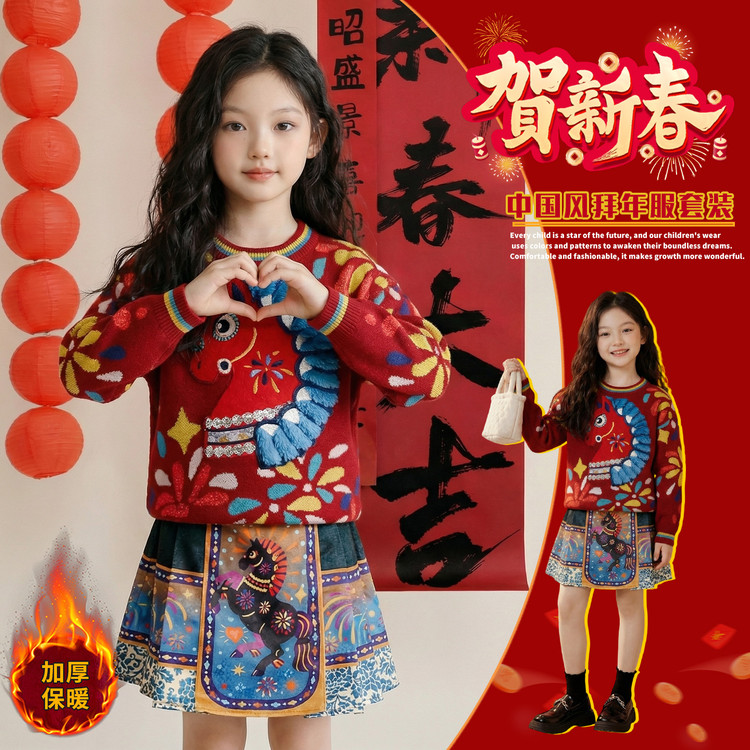 女童红色国潮风加厚针织衫秋冬新年喜庆毛衣马面裙拜年服唐装套装