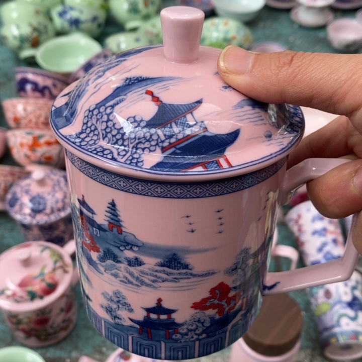 摆件陶红稀土梧桐釉里红直筒办公杯