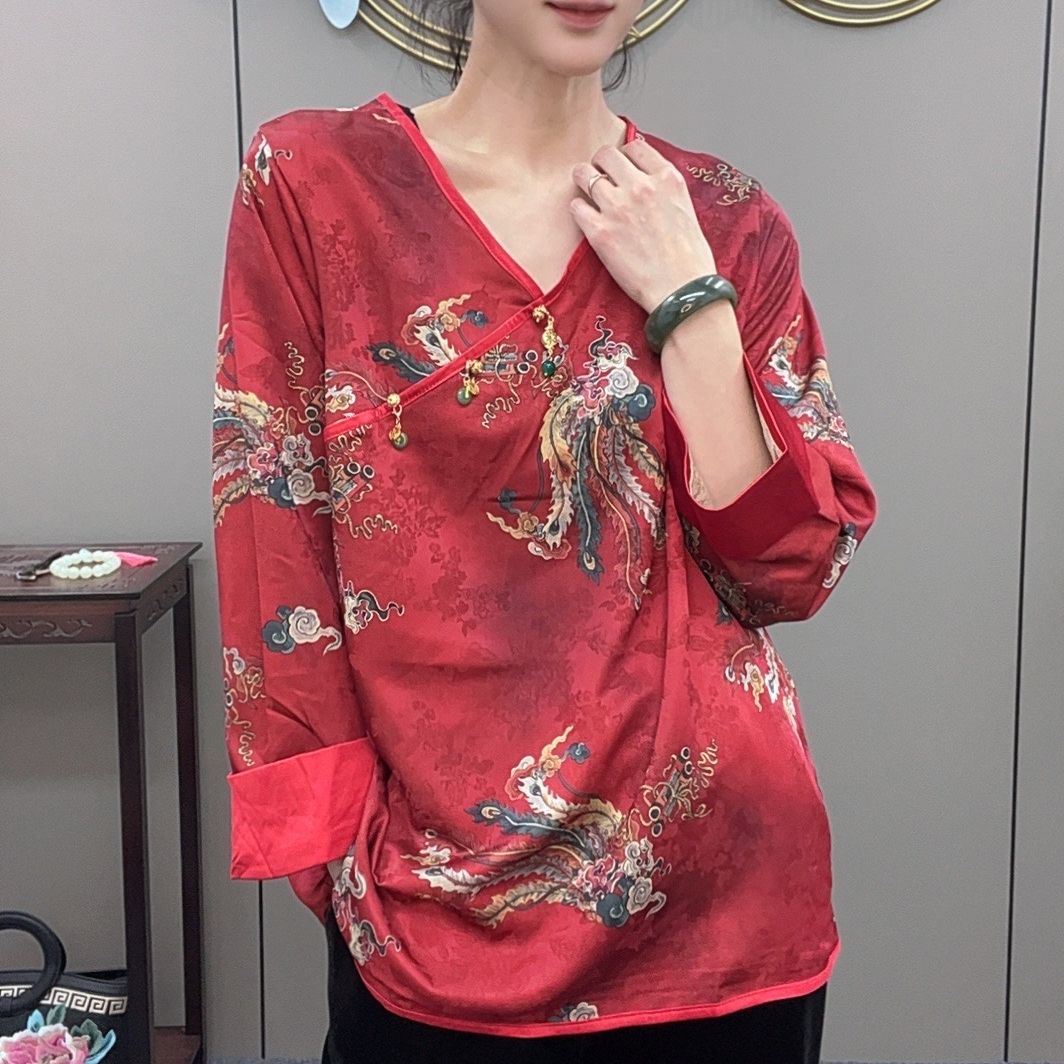 三姐家2025秋冬款新中式提花V领国风小衫