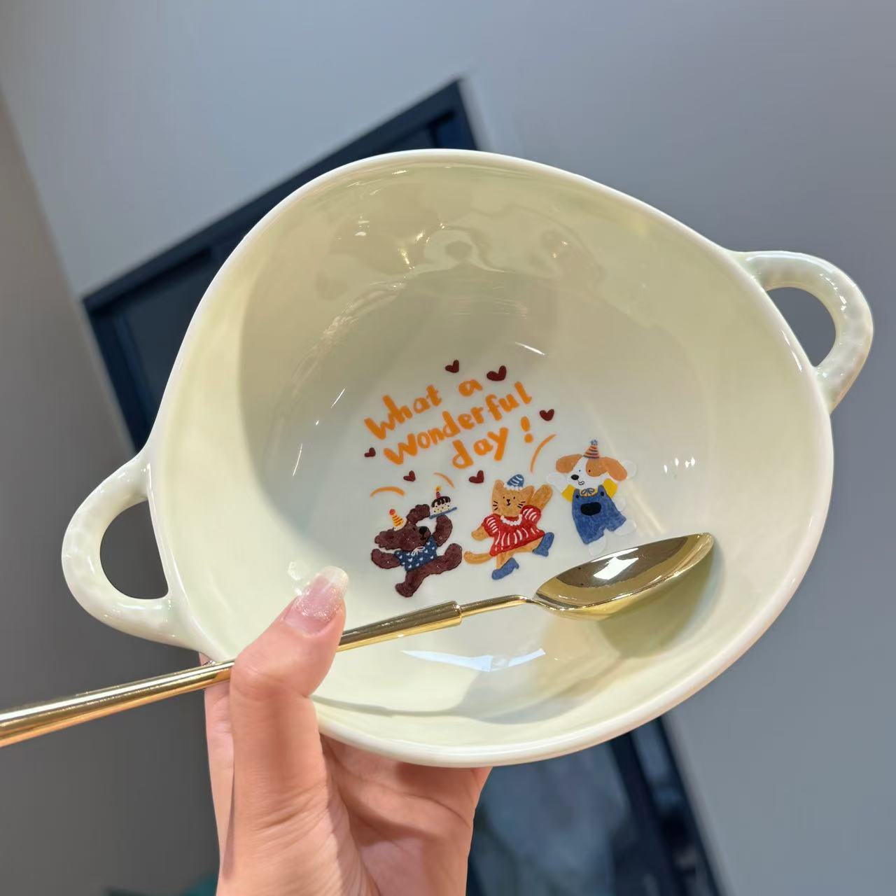 【圆和圈】出口韩国 薄荷绿生日派对异形双耳碗 酸奶碗沙拉碗不带勺