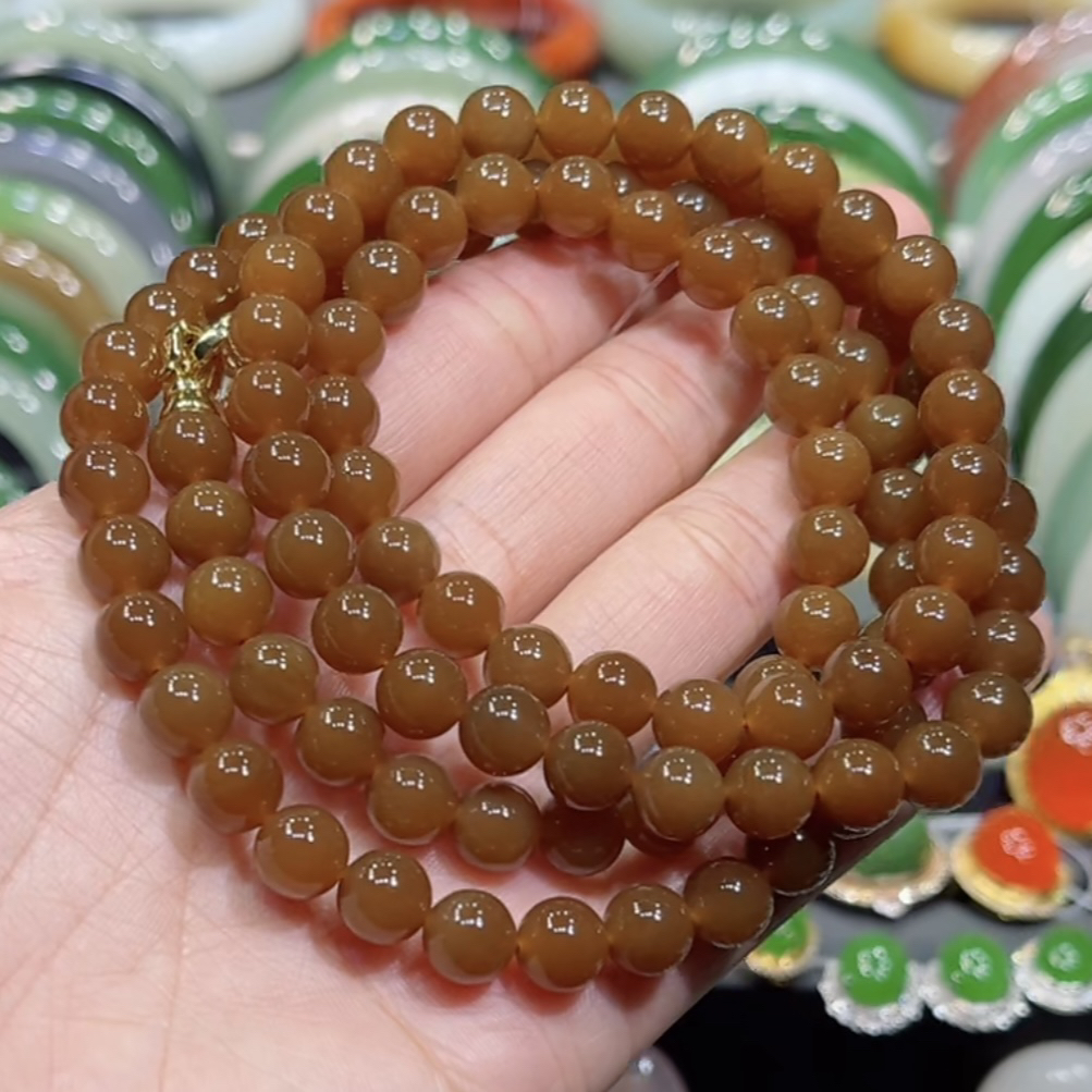 和田玉新疆且末金山矿老红糖多圈项链8mm