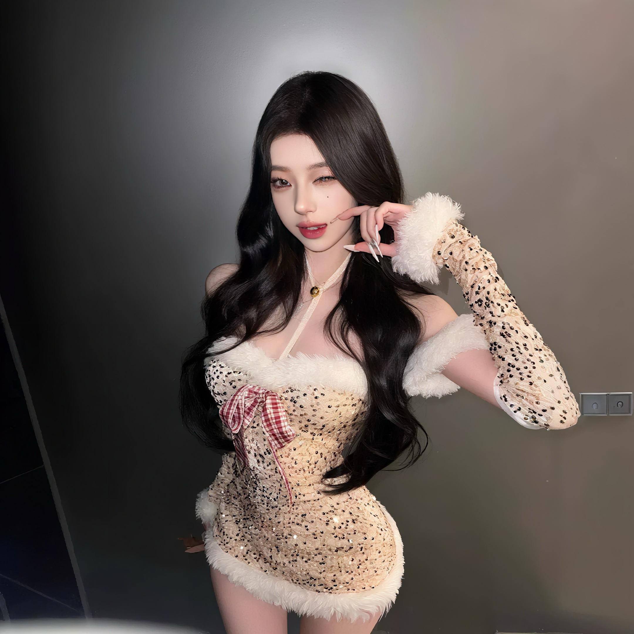 【80-120斤】圣诞节纯欲性感亮片抹胸挂脖吊带裙美神鹿氛围穿搭